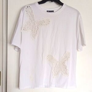White Zara Women's Top with Butterfly Embroidery  Design Size Small